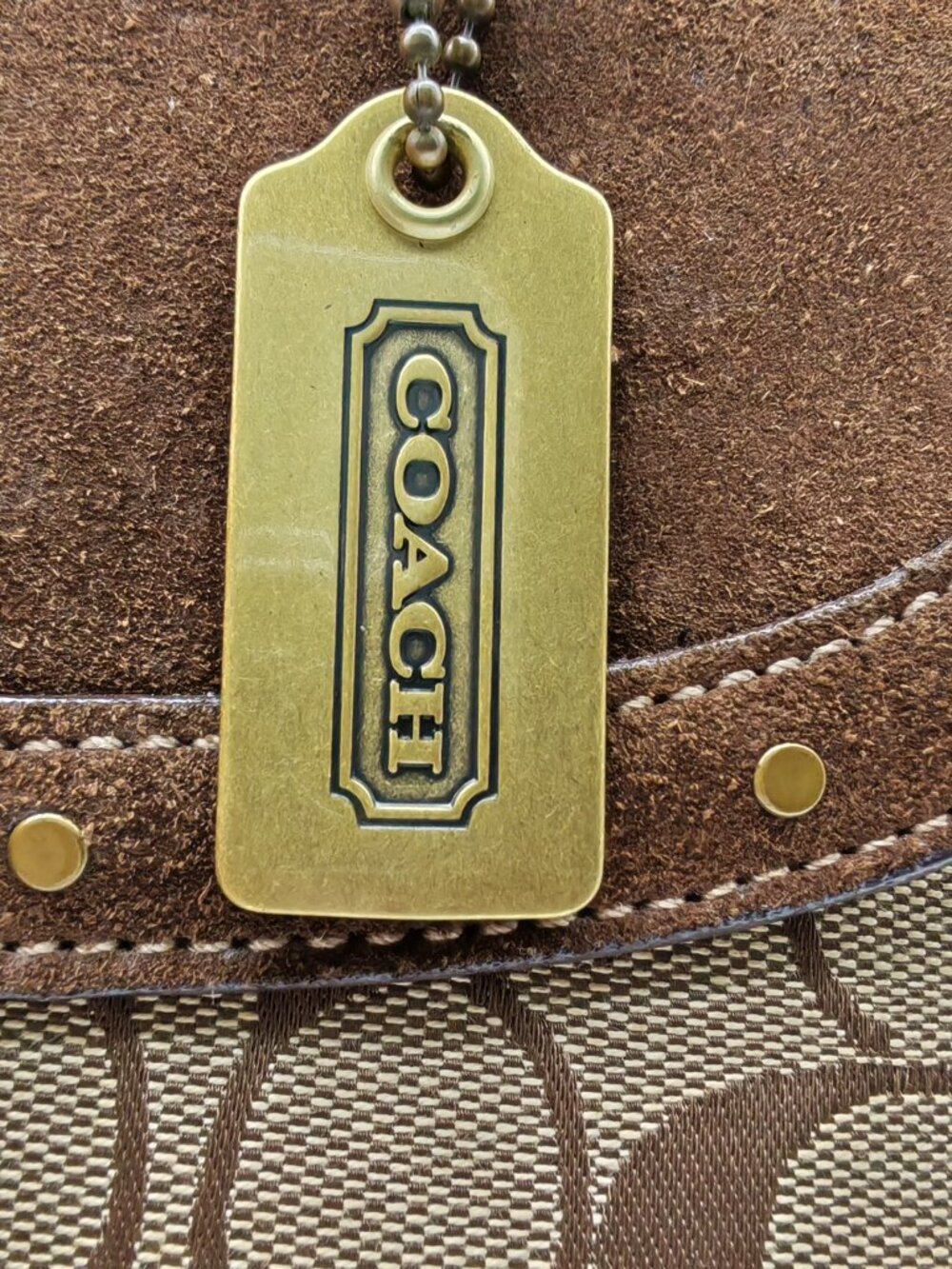 Coach Soho Signature Canvas Suede Buckle Flap Satchel Handbag Brown Studded Y2K - Picture 9 of 15